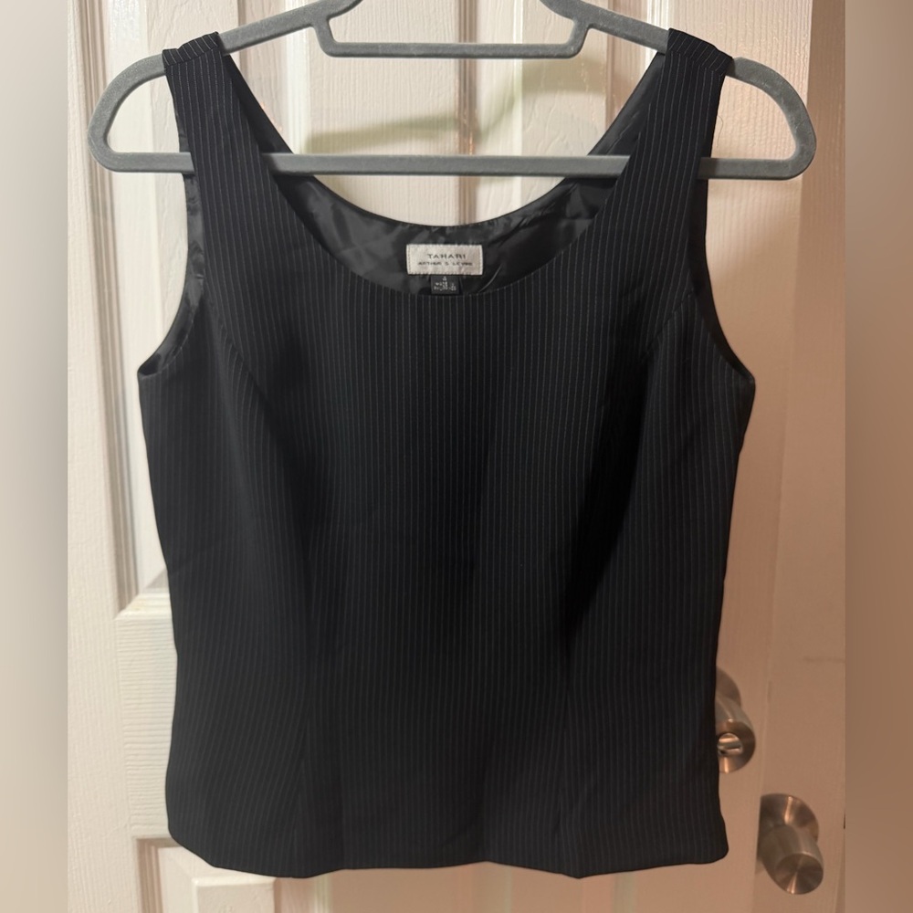 Tahari Arthur S. Levine Black Pinstriped Sleeveless Shell